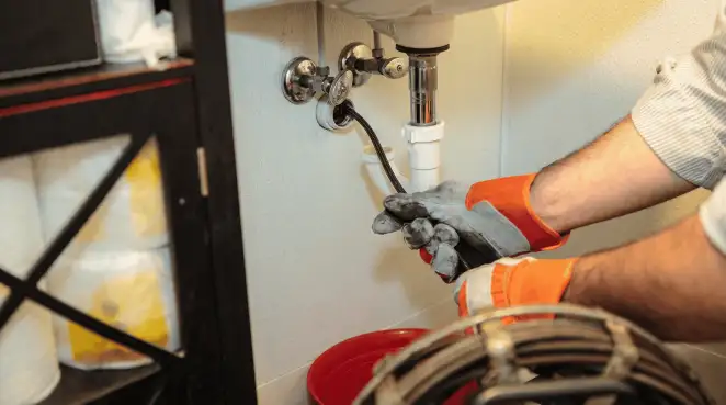 Drain cleaning technician using a motorized plumbing snake to clear a clogged sink pipe in Columbus, GA
